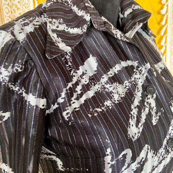 VTG 70s Disco Black/White/Metallic Butterfly Collar Long Sleeve Blouse Mr. Mench - Picture 1 of 11